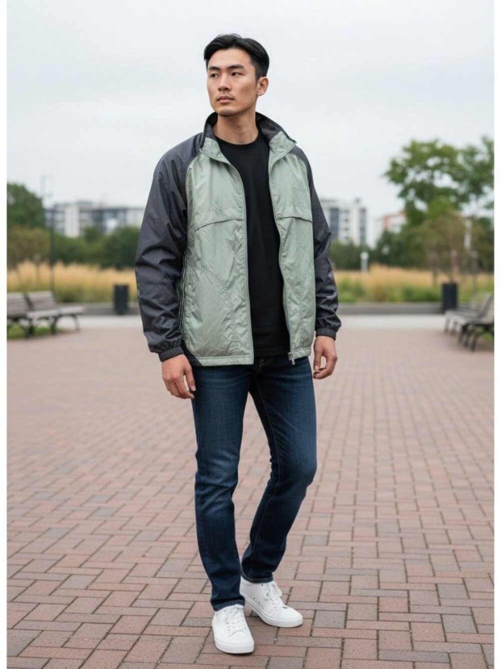 Champion Mens Lightweight Windbreaker Jacket Small Green Gray Colorblock Nylon